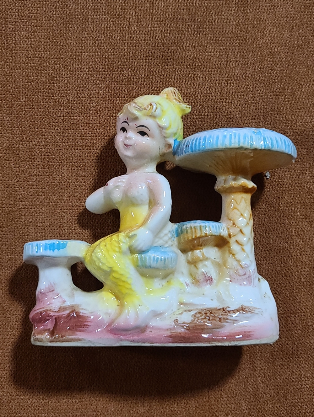 Vintage Kitch Ceramic Mermaid With Mushrooms Figurine